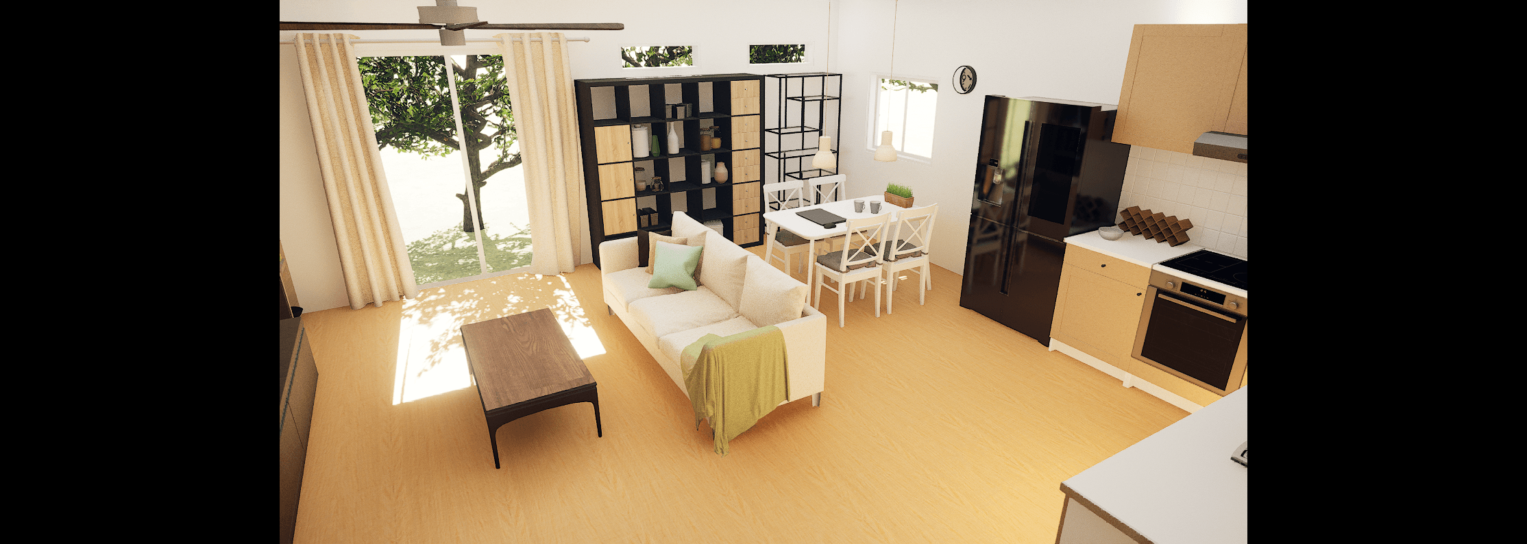 民泊施設のリビングルーム3Dパース制作