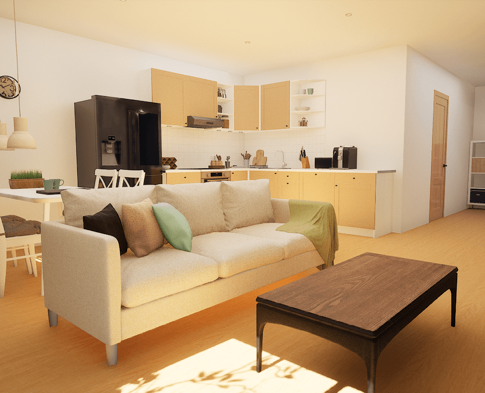 民泊施設のリビングルーム3Dパース制作